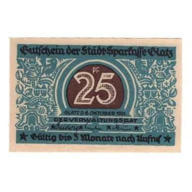 Banknote, Germany, Glatz Städtische Sparkasse, 25 Pfennig, Blason, 1921