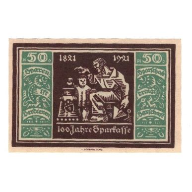 Banknote, Germany, Glatz Städtische Sparkasse, 50 Pfennig, personnage, 1921