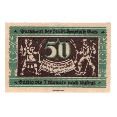 Banknote, Germany, Glatz Städtische Sparkasse, 50 Pfennig, personnage 2, 1921