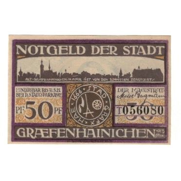 Banknote, Germany, Grafenhainichen Stadt, 50 Pfennig, portrait, 1921