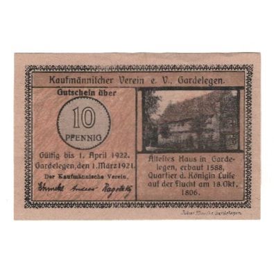 Banknote, Germany, Gardelegen Kaufmännischer Verein, 10 Pfennig, portrait