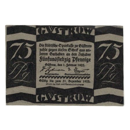 Banknote, Germany, Güstrow Stadt, 75 Pfennig, Taureau, 1922, 1922-12-31