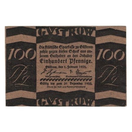 Banknote, Germany, Güstrow Stadt, 100 Pfennig, Taureau, 1922, 1922-12-31