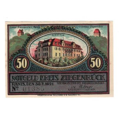 Banconote, Germania, Ziegenrück Kreis, 50 Pfennig, Maison, 1921, 1921-07-30