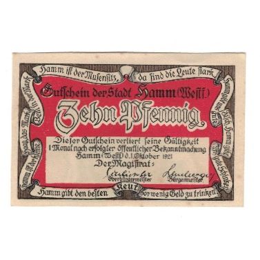 Banconote, Germania, Hamm Stadt, 10 Pfennig, personnage, 1921, 1921-10-01, SPL-