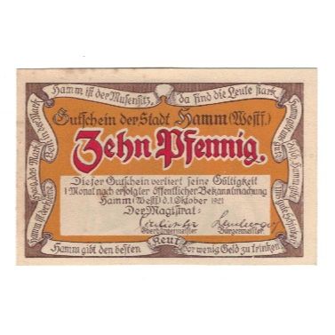 Banconote, Germania, Hamm Stadt, 10 Pfennig, personnage 1, 1921, 1921-10-01