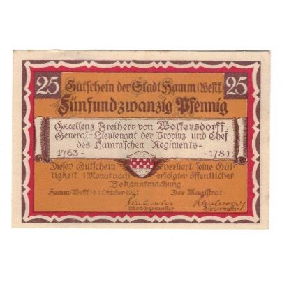 Billete, Alemania, Hamm Stadt, 25 Pfennig, personnage 1, 1921, 1921-10-01, EBC