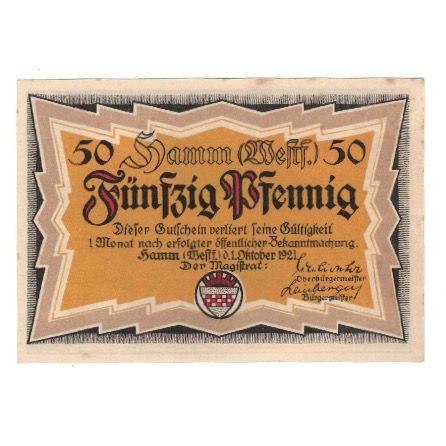 Billet, Allemagne, Hamm Stadt, 50 Pfennig, personnage 1, 1921, 1921-10-01, SUP