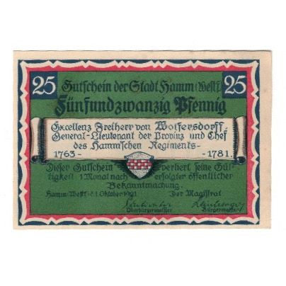 Banknote, Germany, Hamm Stadt, 25 Pfennig, personnage 2, 1921, 1921-10-01