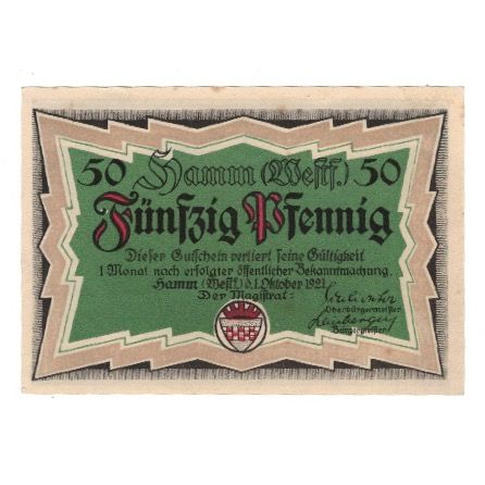 Billet, Allemagne, Hamm Stadt, 50 Pfennig, personnage 2, 1921, 1921-10-01, SUP