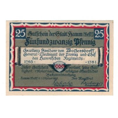 Billet, Allemagne, Hamm Stadt, 25 Pfennig, personnage 3, 1921, 1921-10-01, SUP