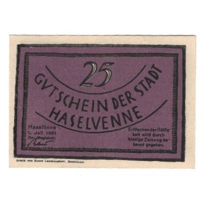 Geldschein, Deutschland, Haselünne Stadt, 25 Pfennig, personnage, 1921