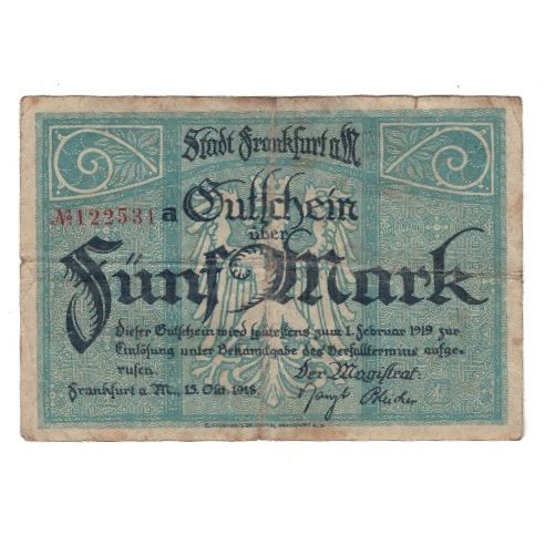 Banknote, Germany, Frankfurt am Main Stadt, 5 Mark, cavalier, 1919, 1919-02-01