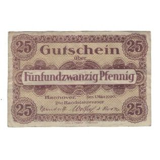 Billet, Allemagne, Hannover Handelskammer, 25 Pfennig, Texte, 1919, 1919-12-01