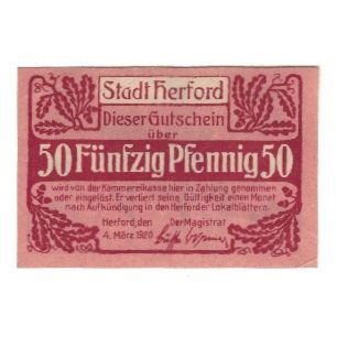 Banknote, Germany, Herford Stadt, 50 Pfennig, cavalier, 1920, 1920-03-04