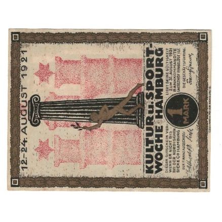 Banknote, Germany, Hamburg Kultur und Sportwoche, 1 Mark, statue, 1921
