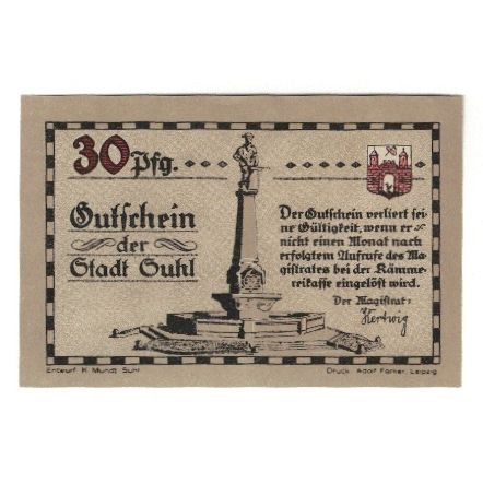 Banknote, Germany, Suhl Stadt, 30 Pfennig, personnage, 1922, AU(55-58)