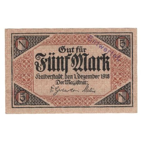Banknote, Germany, Halberstadt Stadt, 5 Mark, Texte, 1918, 1918-12-01