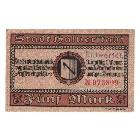 Banknote, Germany, Halberstadt Stadt, 5 Mark, Texte, 1918, 1918-12-01