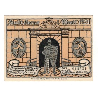 Geldschein, Deutschland, Herne Stadt, 50 Pfennig, personnage 2, 1921