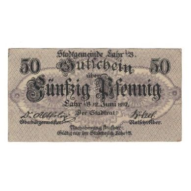 Biljet, Duitsland, Lahr Stadt, 50 Pfennig, Blason, 1917, 1917-06-12, TTB+