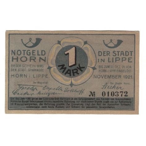 Biljet, Duitsland, Horn Stadt, 1 Mark, personnage, 1921, 1921-12-31, SUP