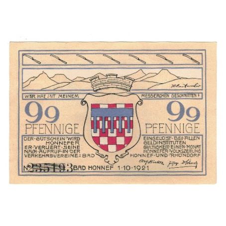 Banknote, Germany, Honnef a. Rhein Verkehrsvereine Bad Honnef Rhöndorf, 99