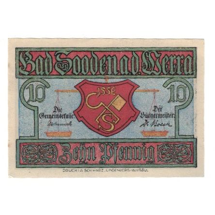 Banknote, Germany, Sooden a.d. Werra, Bad Gemeinde, 10 Pfennig, rue, undated
