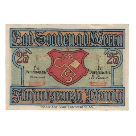 Banknote, Germany, Sooden a.d. Werra, Bad Gemeinde, 25 Pfennig, Eglise, undated