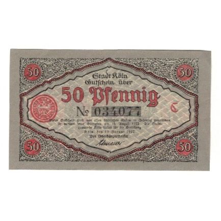 Geldschein, Deutschland, Köln Stadt, 50 Pfennig, personnage 1, 1922