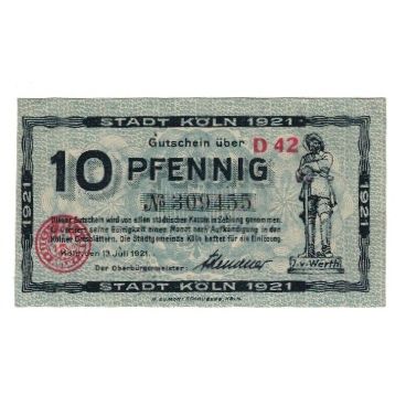Banknote, Germany, Köln Stadt, 10 Pfennig, personnage, 1921, 1921-07-13