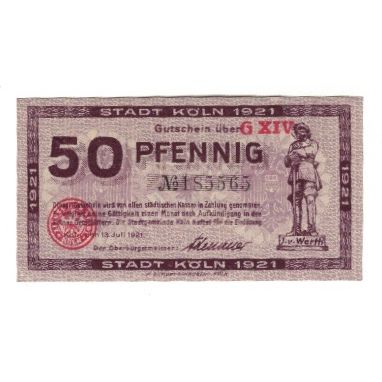 Biljet, Duitsland, Köln Stadt, 50 Pfennig, personnage 1, 1921, 1921-07-13, SUP