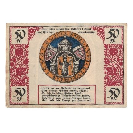Banknote, Germany, Köslin Stadt, 50 Pfennig, Monument, 1921, AU(55-58)