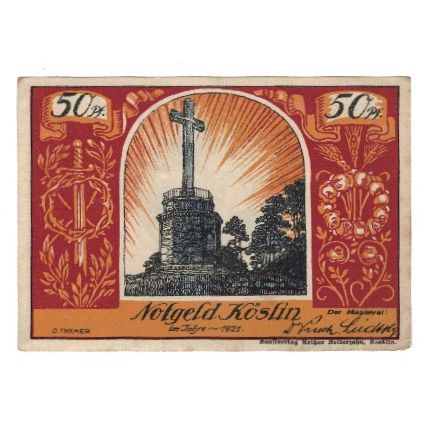 Banknote, Germany, Köslin Stadt, 50 Pfennig, Monument, 1921, AU(55-58)