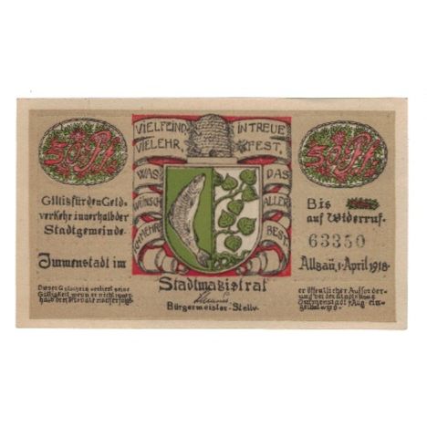 Biljet, Duitsland, Immenstadt i. Allgäu Stadt, 50 Pfennig, personnage, 1918