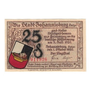Banconote, Germania, Johannisburg Stadt, 25 Pfennig, Batiment, 1921, 1921-10-01