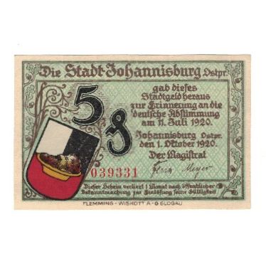 Billet, Allemagne, Johannisburg Stadt, 5 Pfennig, Batiment, 1921, 1921-10-01