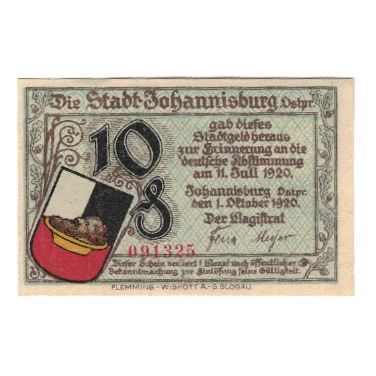 Billet, Allemagne, Johannisburg Stadt, 10 Pfennig, Batiment, 1921, 1921-10-01