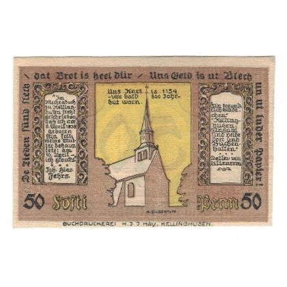 Banknote, Germany, Kellinghusen Stadt, 50 Pfennig, Eglise, 1920, 1920-08-06