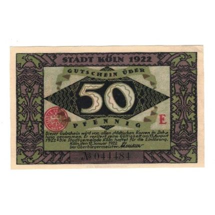 Banknote, Germany, Köln Stadt, 50 Pfennig, personnage, 1922, 1922-08-15