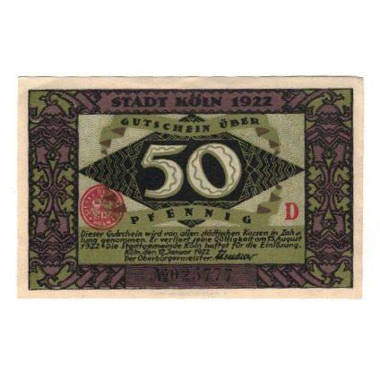 Billet, Allemagne, Köln Stadt, 50 Pfennig, personnage 2, 1922, 1922-08-15, SUP