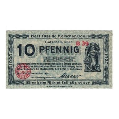 Banknote, Germany, Köln Stadt, 10 Pfennig, Batiment, 1920, 1920-12-31