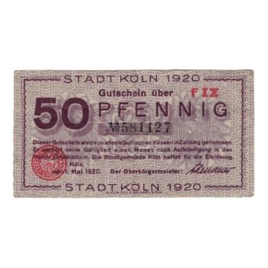 Banknote, Germany, Köln Stadt, 50 Pfennig, Batiment, 1920, 1920-12-31