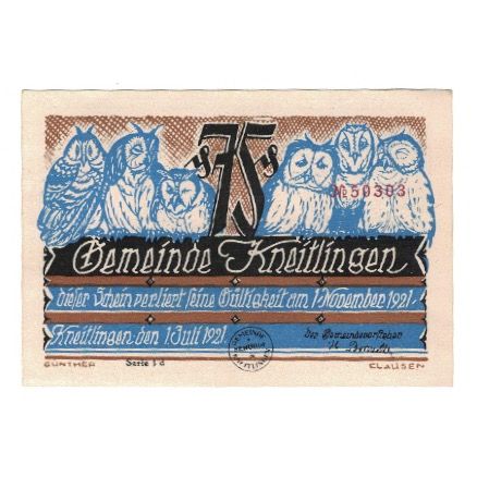 Banknote, Germany, Kneitlingen Gemeinde, 75 Pfennig, personnage 1, 1921