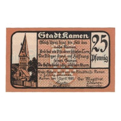 Banknote, Germany, Kamen Stadt, 25 Pfennig, Texte, 1920, 1920-04-01, AU(55-58)