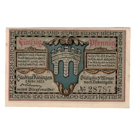Banconote, Germania, Kitzingen Stadt, 50 Pfennig, personnage, 1921, 1921-02-01
