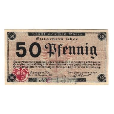Banknote, Germany, Kempen a. Rh. Stadt, 50 Pfennig, Batiment, 1918, 1918-08-30