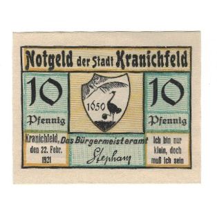 Banknote, Germany, Kranichfeld Stadt, 10 Pfennig, paysage, 1921, 1921-02-22