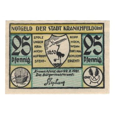 Banknote, Germany, Kranichfeld Stadt, 25 Pfennig, paysage, 1921, 1921-02-22