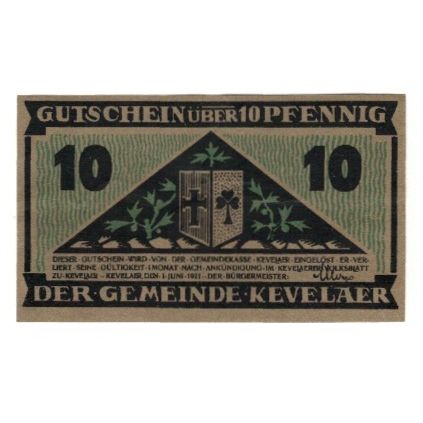 Banknote, Germany, Kevelaer Gemeinde, 10 Pfennig, personnage, 1921, 1921-06-01